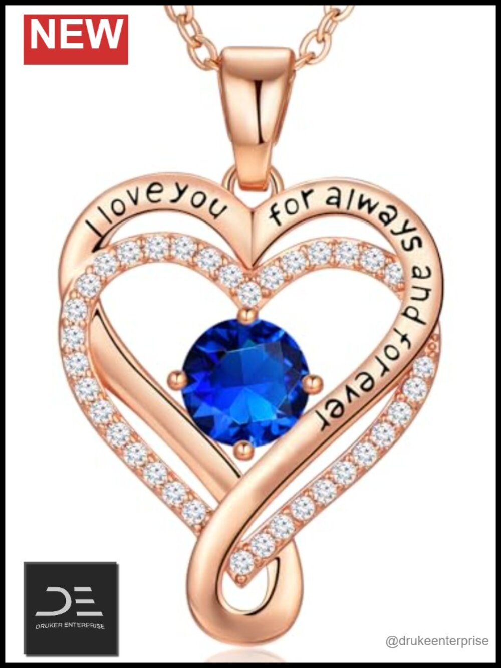 Infinity Heart Birthstone Necklace Sterling Silver Rose Gold Plated 5A CZ